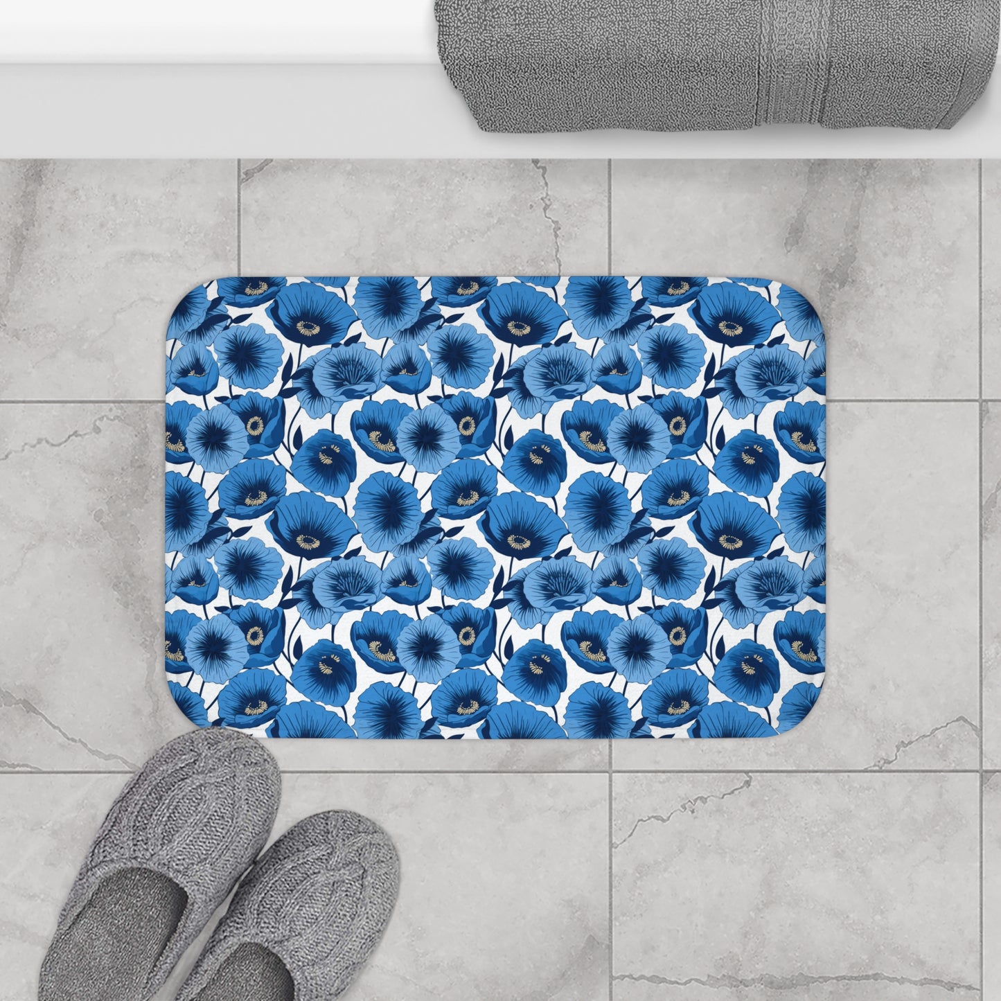 Vivid Blooms Bright Blue Poppies Design  - Bathroom Non-Slip Mat 2 Sizes