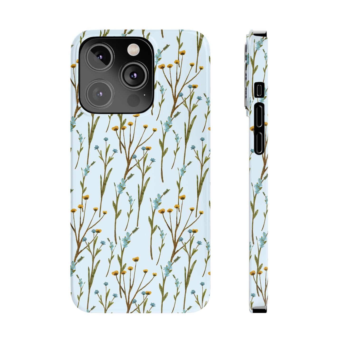 Delicate Blue and Yellow Wildflowers on a Light Blue Background Design Iphone 15-12 Slim Phone Case