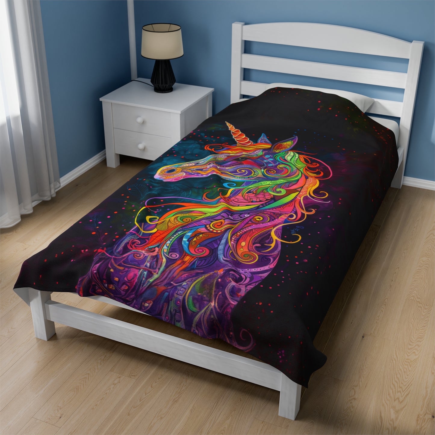 Psychedelic Neon Fantasy Rainbow Dream Unicorn Velveteen Plush Blanket 3 Sizes