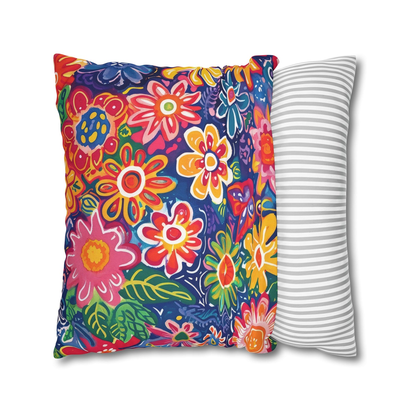 Fluttering Kaleidoscope: Vibrant Multicolor Flowers and Butterflies in Flight Spun Polyester Square Pillowcase 4 Sizes