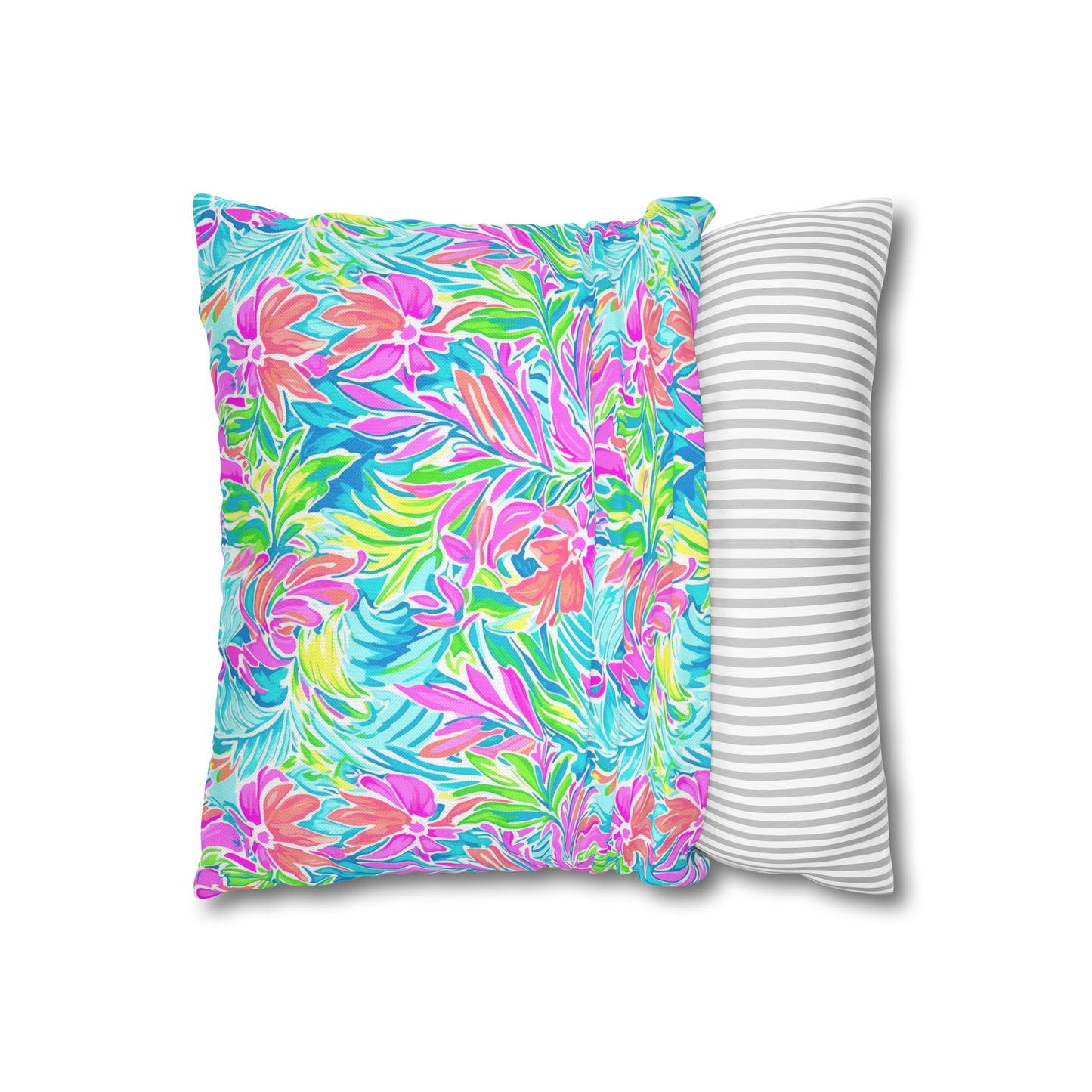 Neon Tropics: Vibrant Rainbow Flowers and Palm Leaves in Electric Splendor Spun Polyester Square Pillowcase 4 Sizes