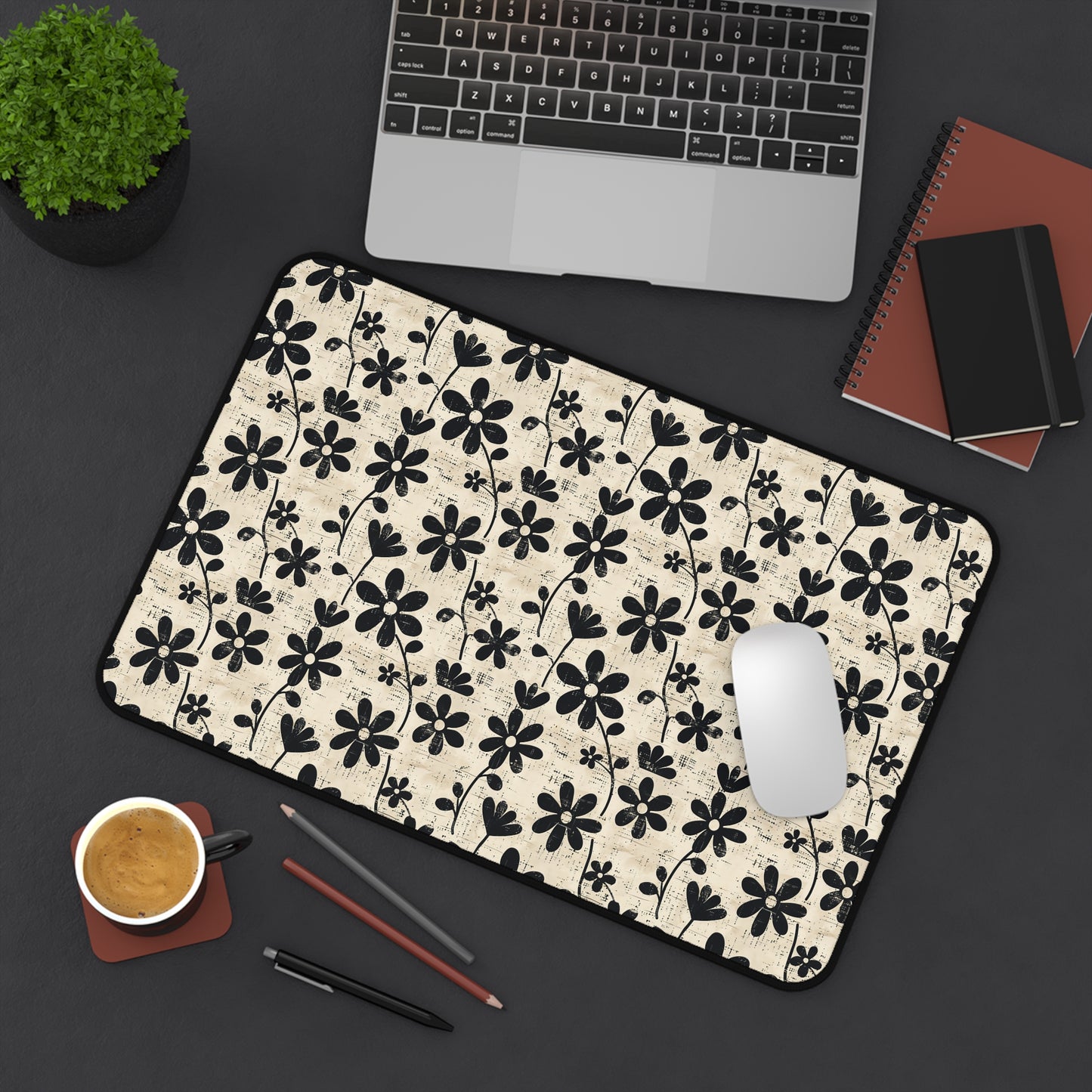 Distressed Black Floral on Beige Background Extended Gaming Mouse Pad  Desk Mat  - 3 Sizes