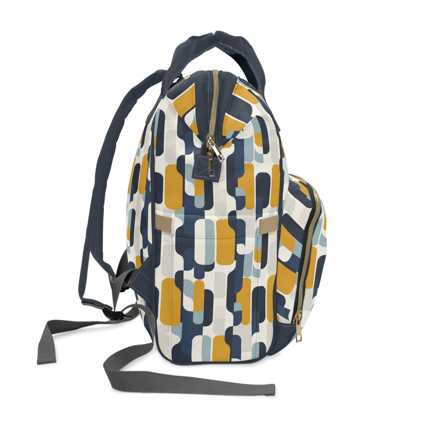 Modern Retro with Bold Geometric Pattern in Mustard and Navy  Multifunctional Diaper Backpack