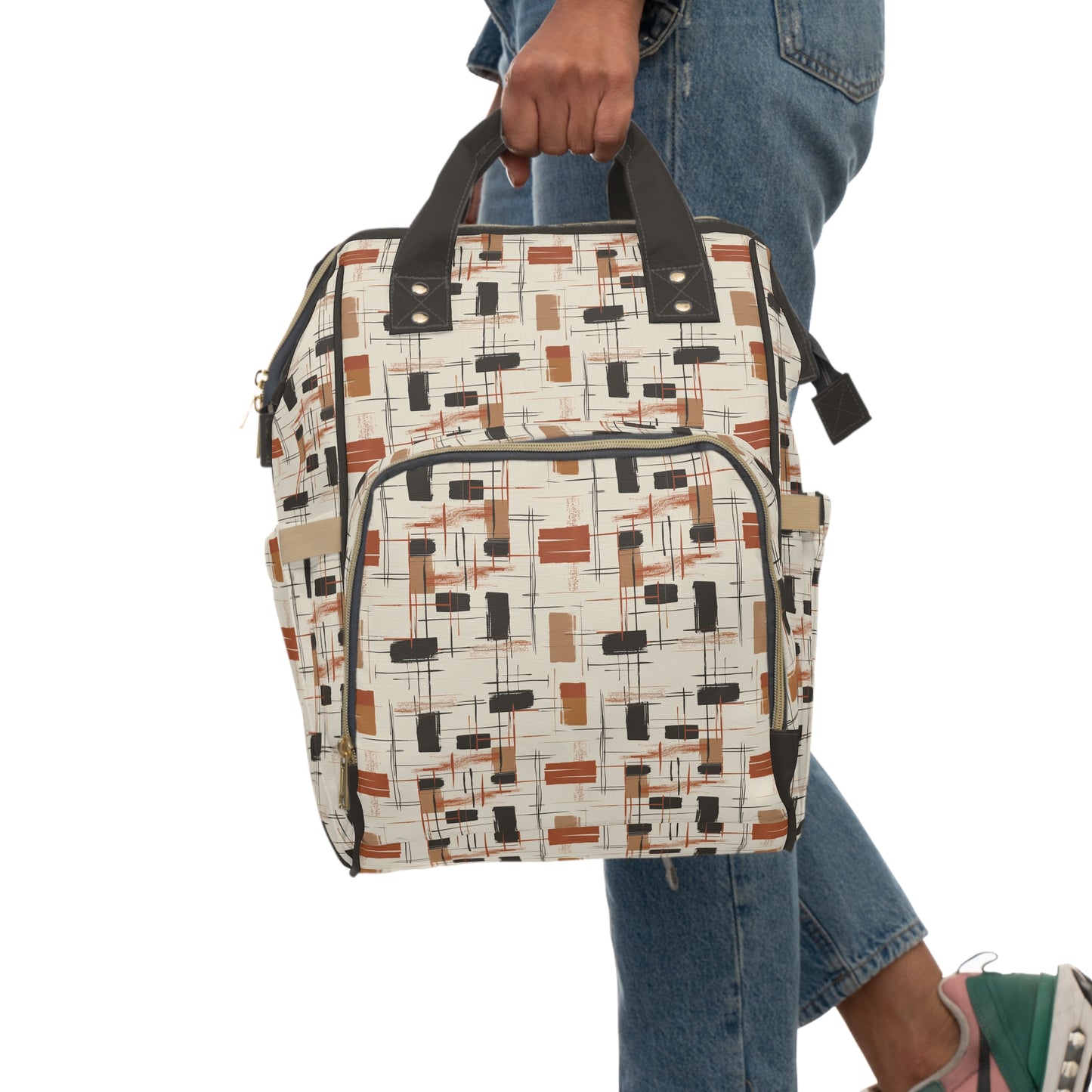 Modern Artistry in Bold and Minimalistic Pattern in a Palette of Black, Dark Orange, and Beige Multifunctional Diaper Backpack