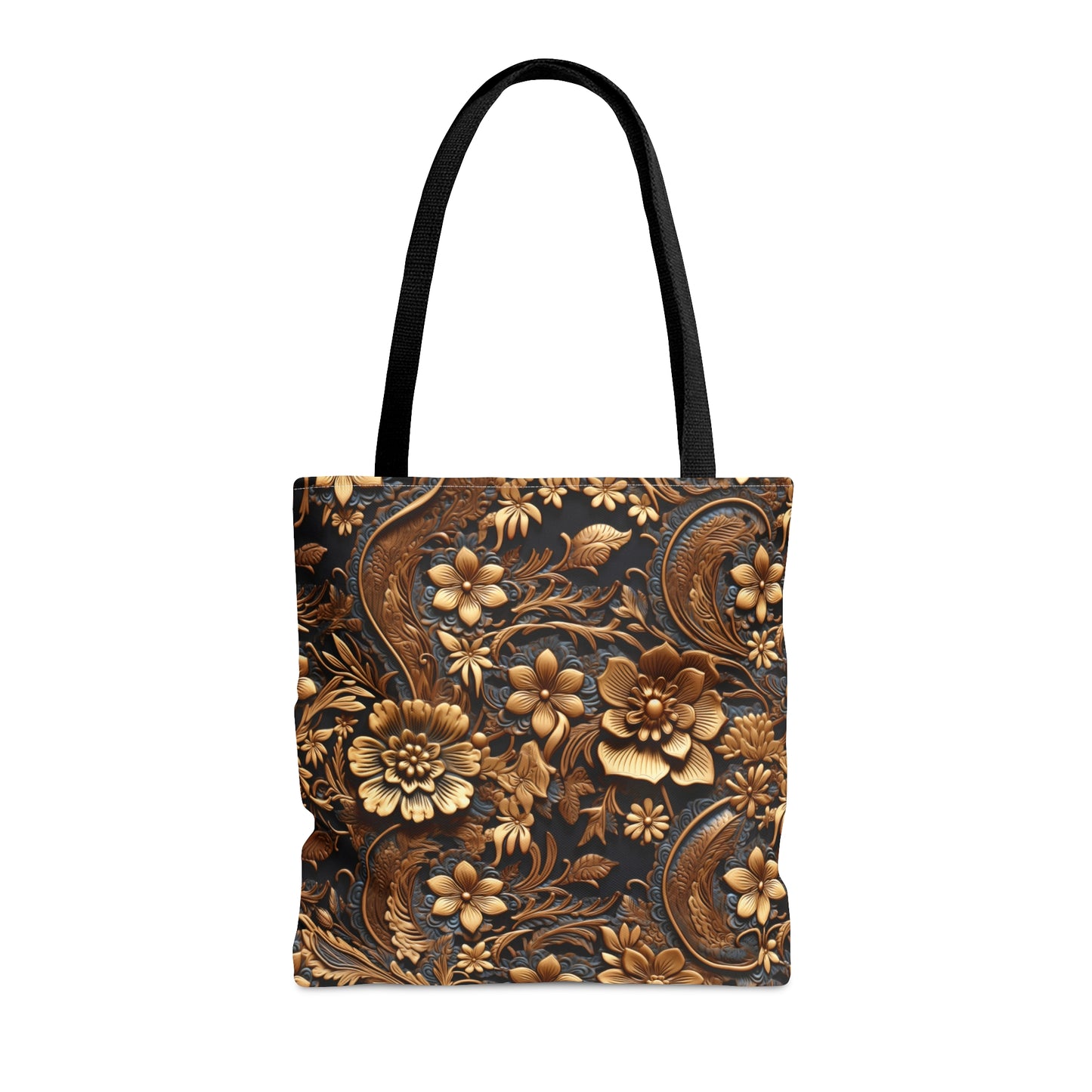 Tooled Leather Large Gold Flowers with Blue Leaf Swirl Accents Print Design  - Canvas Tote 3 Sizes