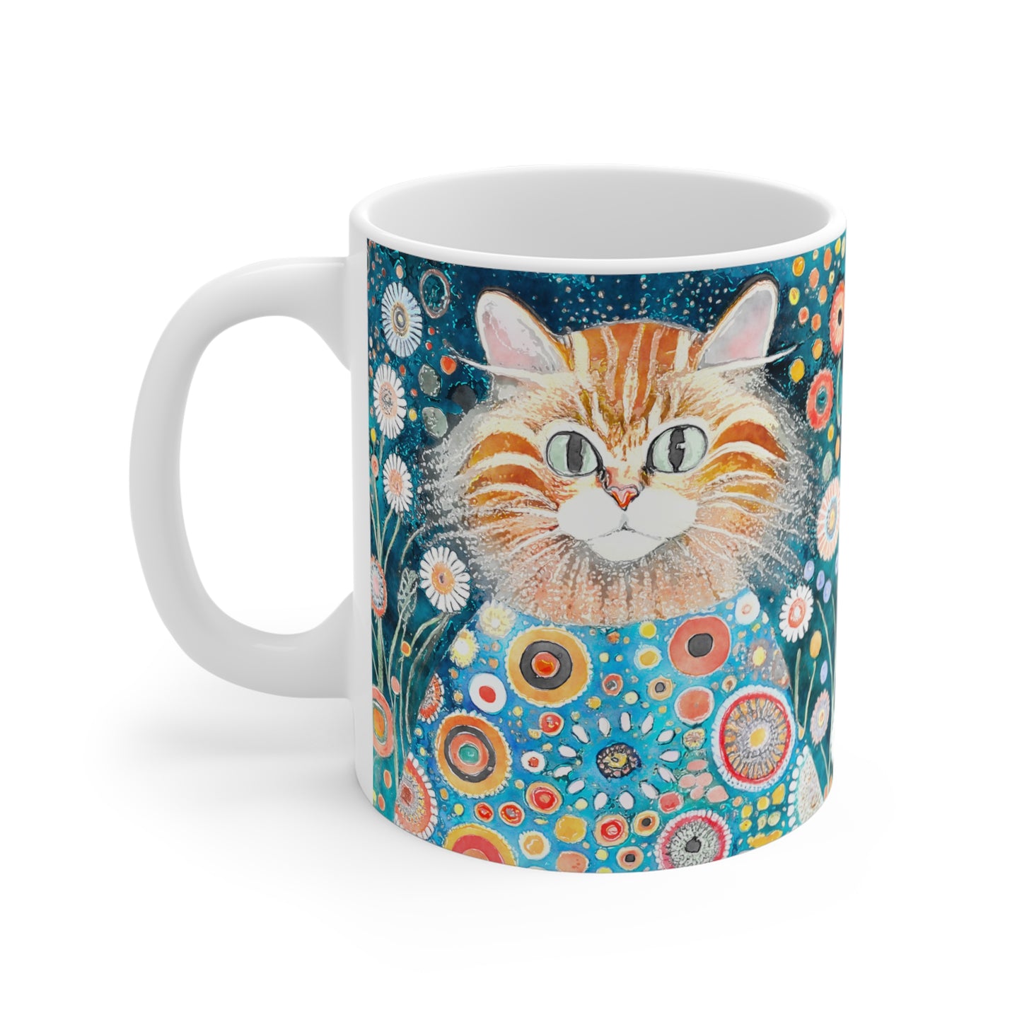 Whimsical Retro Flowers and Yellow Cat in Style of Klimt  - 11 oz Coffee