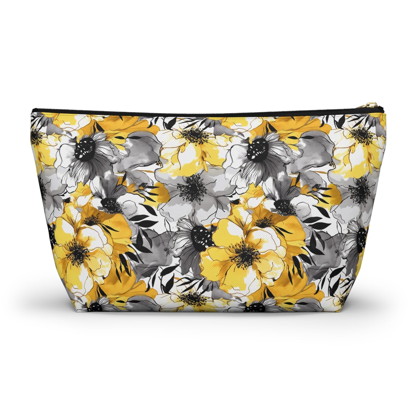 Soothing Radiance: Large Yellow and Grey Watercolor Flower Design - Makeup & Accessory Bag 2 Sizes