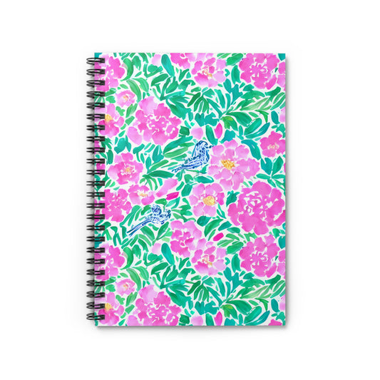 Springtime Whispers: Tiny Birds and Pink Blooms, Subtle Blue Accents, and Lush Green Leaves Spiral Ruled Line Notebook