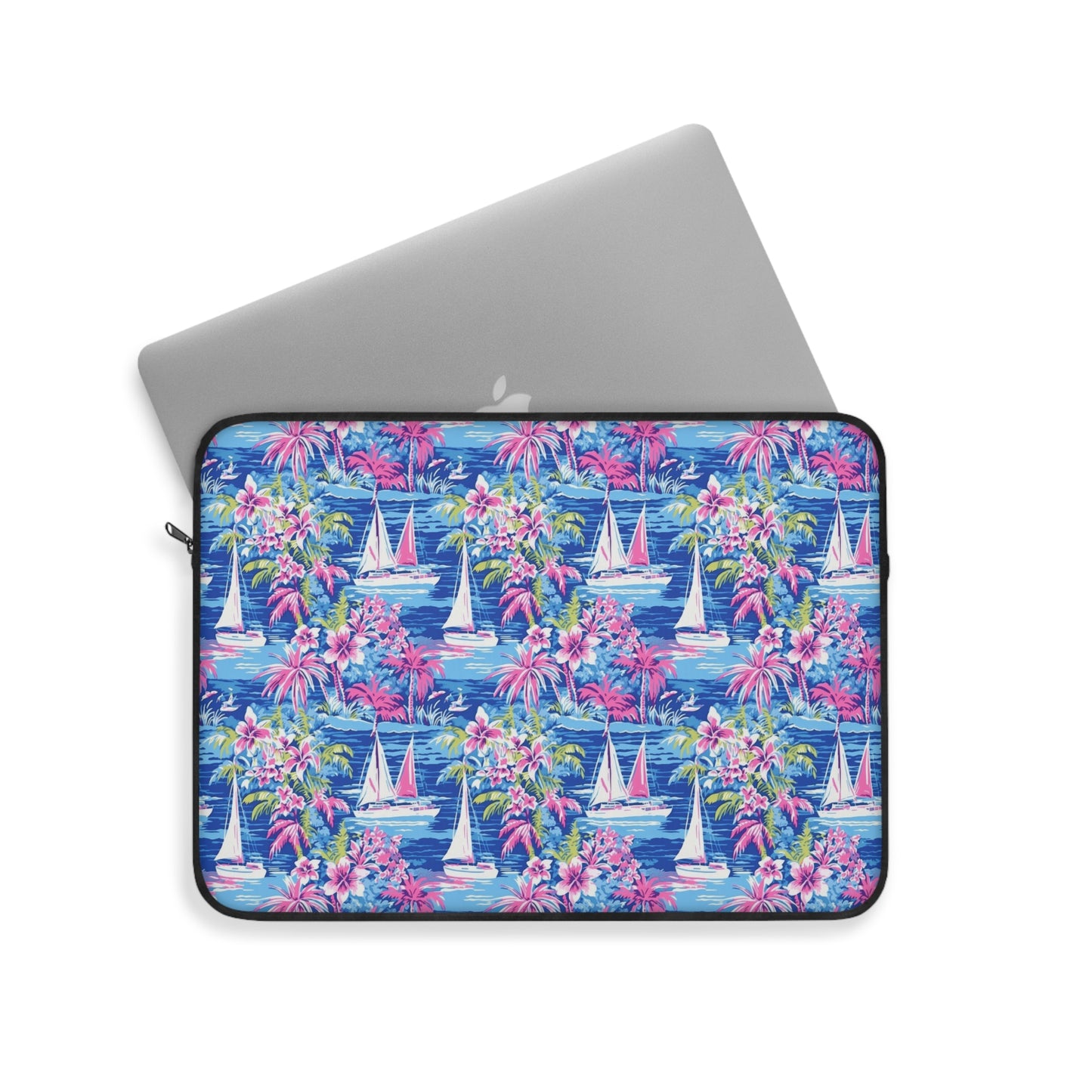 Sailing Tropics: Watercolor Sailboats Amidst Ocean Waves, Tropical Flowers, and Palm Trees Laptop or Ipad Protective Sleeve 3 Sizes Available