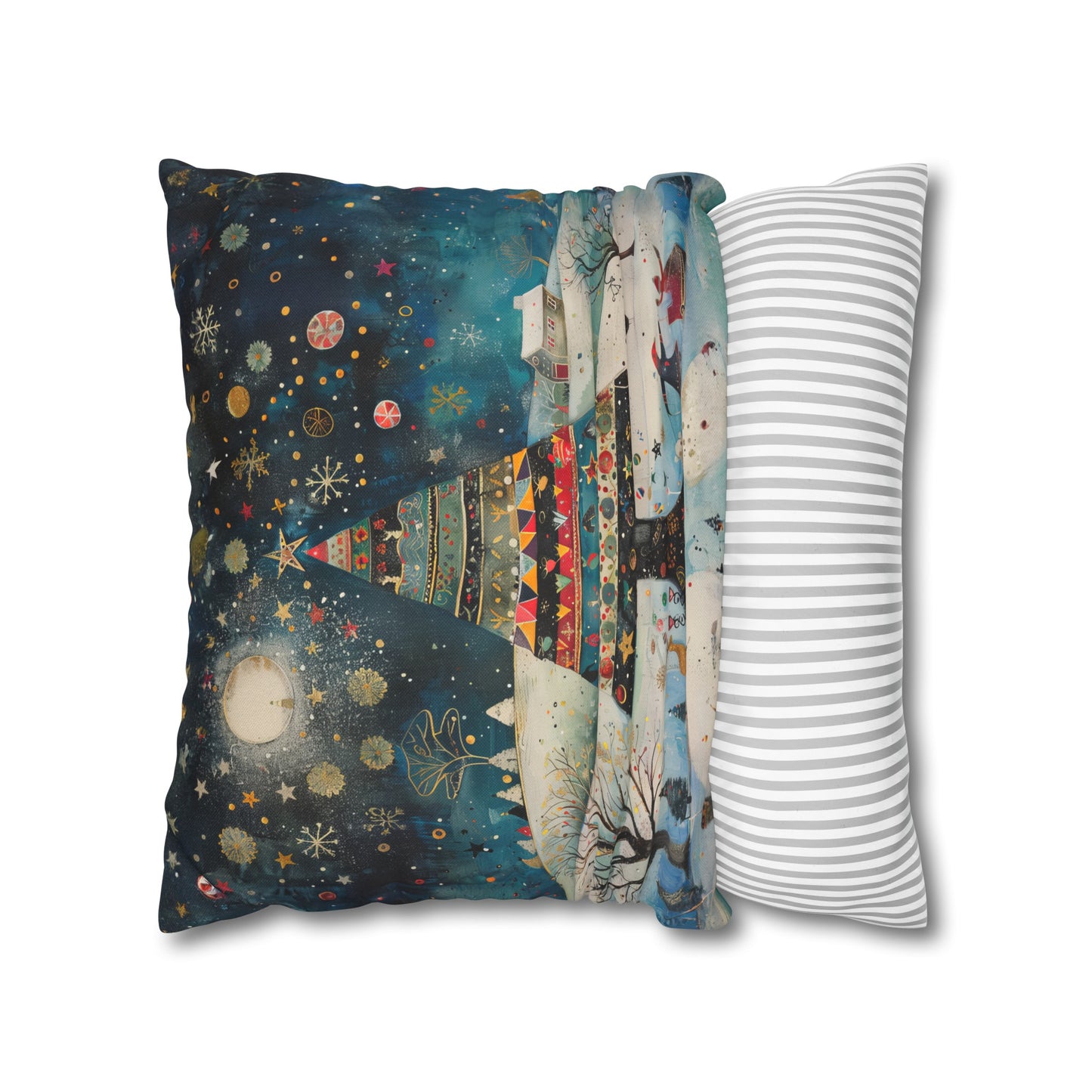 Nighttime Delights: Folk Art Christmas Tree Illuminating a Town, with Joyful Children Playing Below Spun Polyester Square Pillowcase 4 Sizes