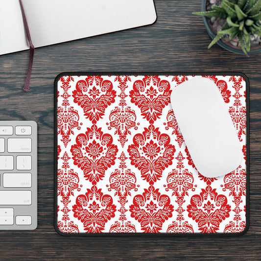 Vintage Elegance of Bold Red and White Floral Damask Pattern Gaming Mouse Pad with Finished Edges