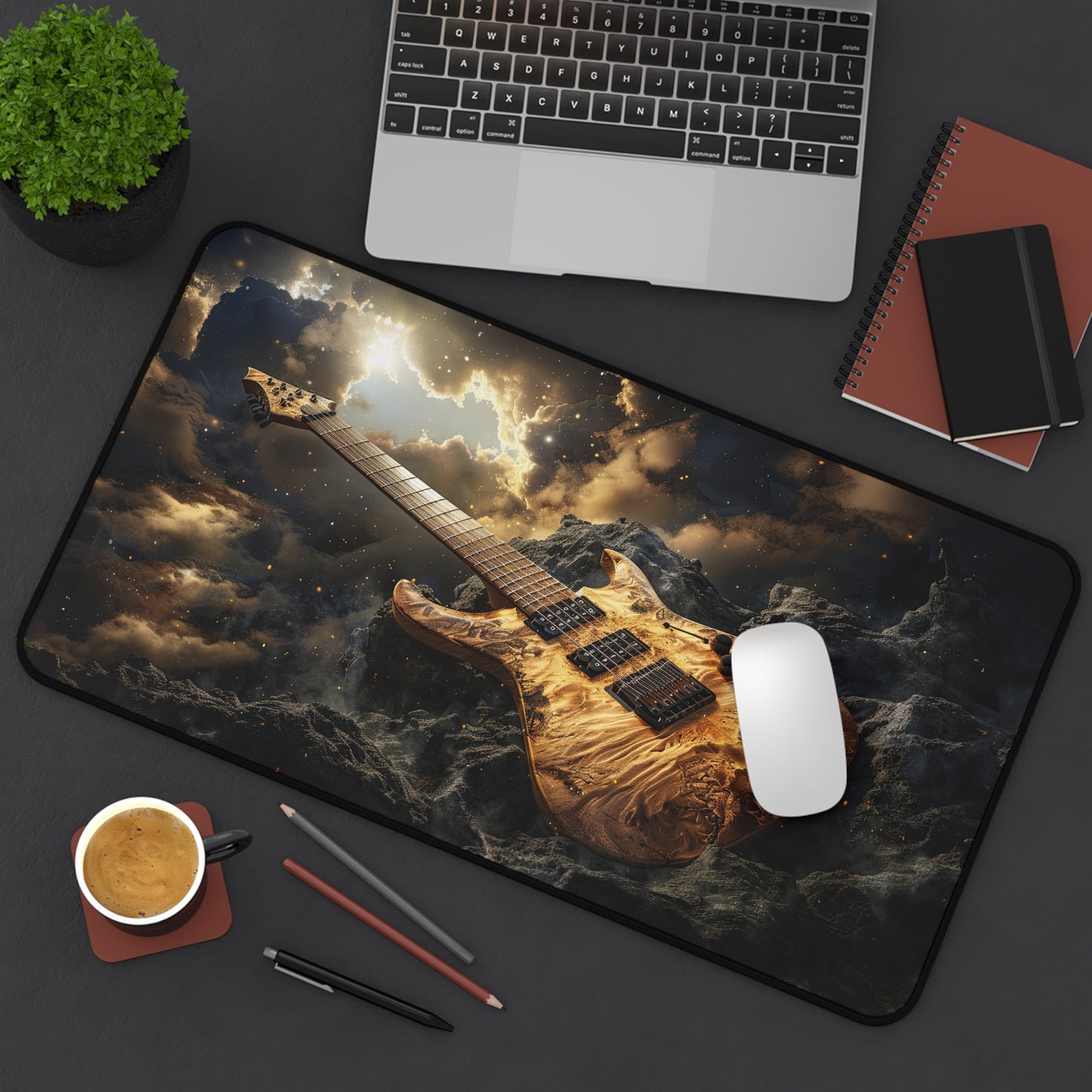 Golden Gilded Electric Guitar with Heavenly Clouds and Sun Desk Mat Extended Gaming Mouse Pad - 3 Sizes