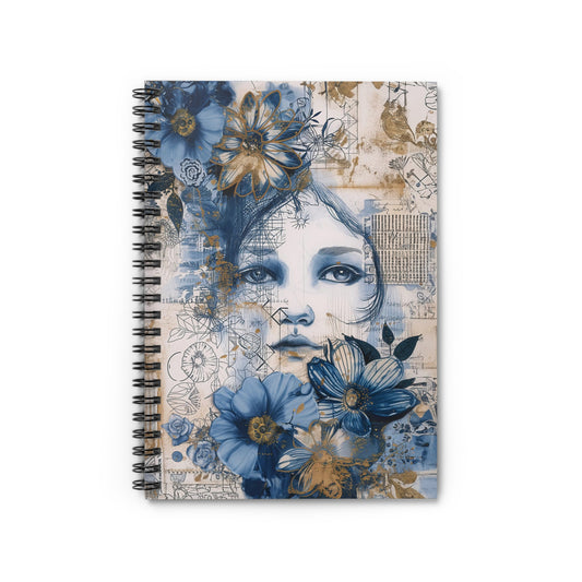 Woman's Enigmatic Gaze Amidst a Sea of Blue Flowers - Spiral Notebook Ruled Line 6"x8"