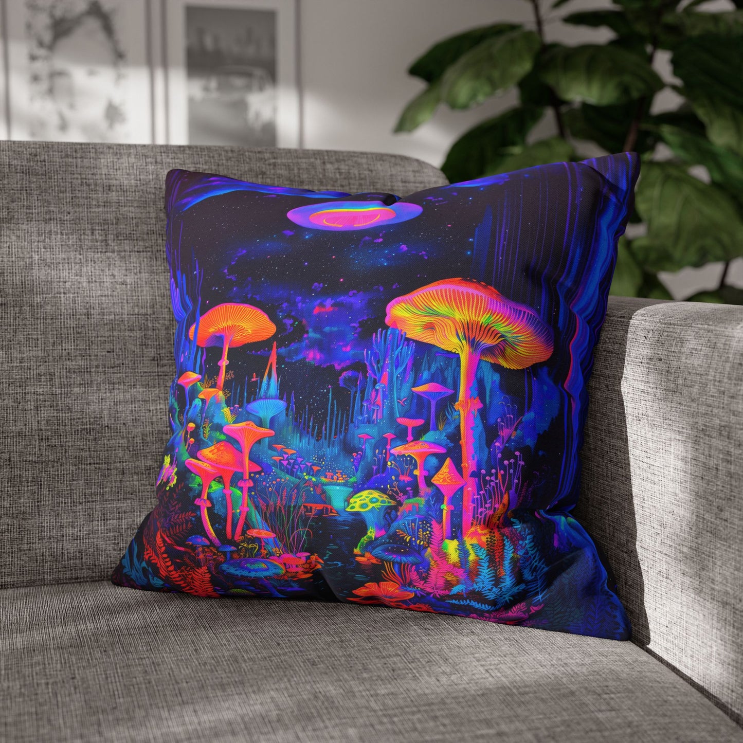 Vibrant Psychedelic Fantasy Neon Mushroom Forest Landscape Spun Polyester Square Pillowcase 4 Sizes