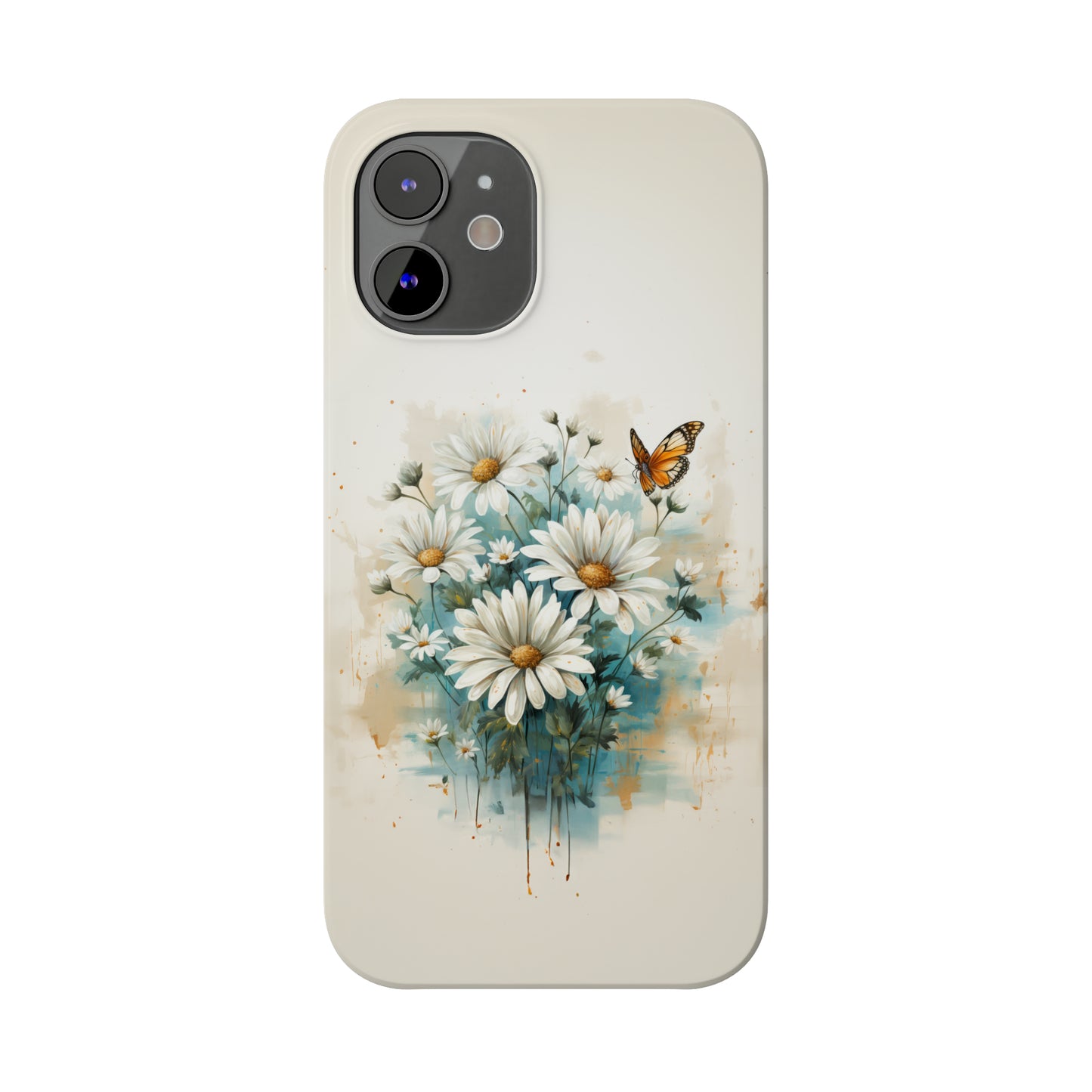 Rustic Farmhouse Teal and White Wild Daisies and Butterflies Iphone 15-12 Slim Phone Case