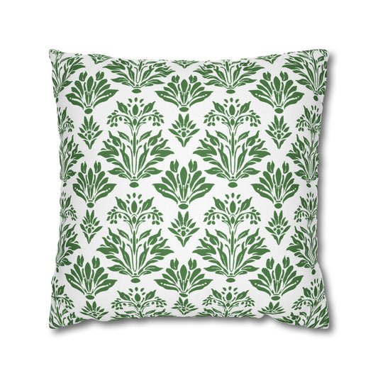 Green Floral Indian Block Print Pattern Spun Polyester Square Pillowcase 4 Sizes