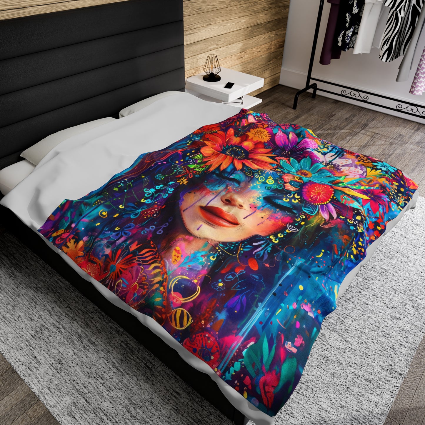 Electric Boho: Neon Flower Girl in Vibrant Hues Velveteen Plush Blanket 3 Sizes