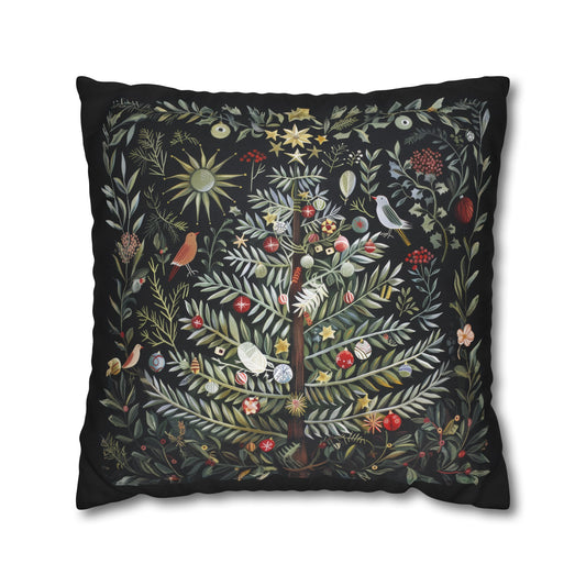 Christmas Tree Bedecked with Ornaments and Feathered Friends Spun Polyester Square Pillowcase 4 Sizes