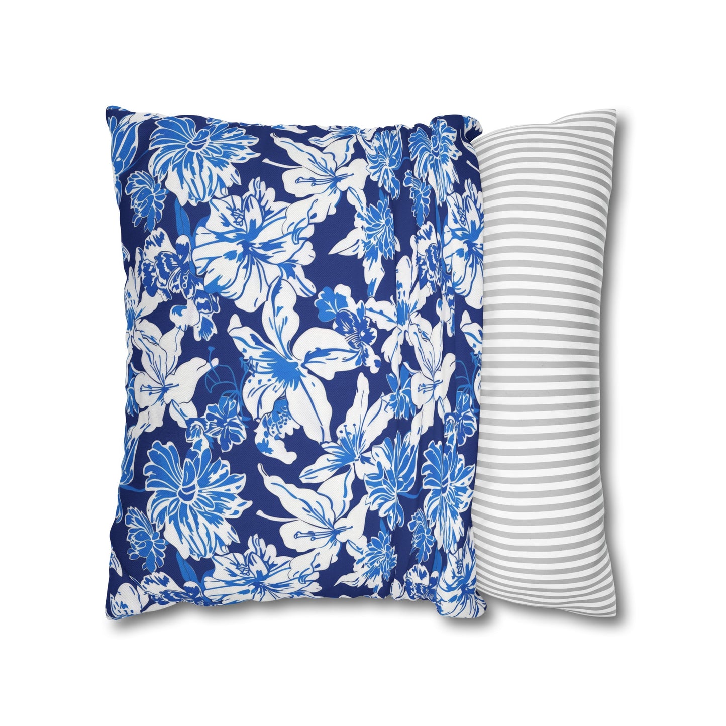 Oceanic Bloom: Watercolor Tropical Flowers in White and Blue against a Deep Blue Background Spun Polyester Square Pillowcase 4 Sizes