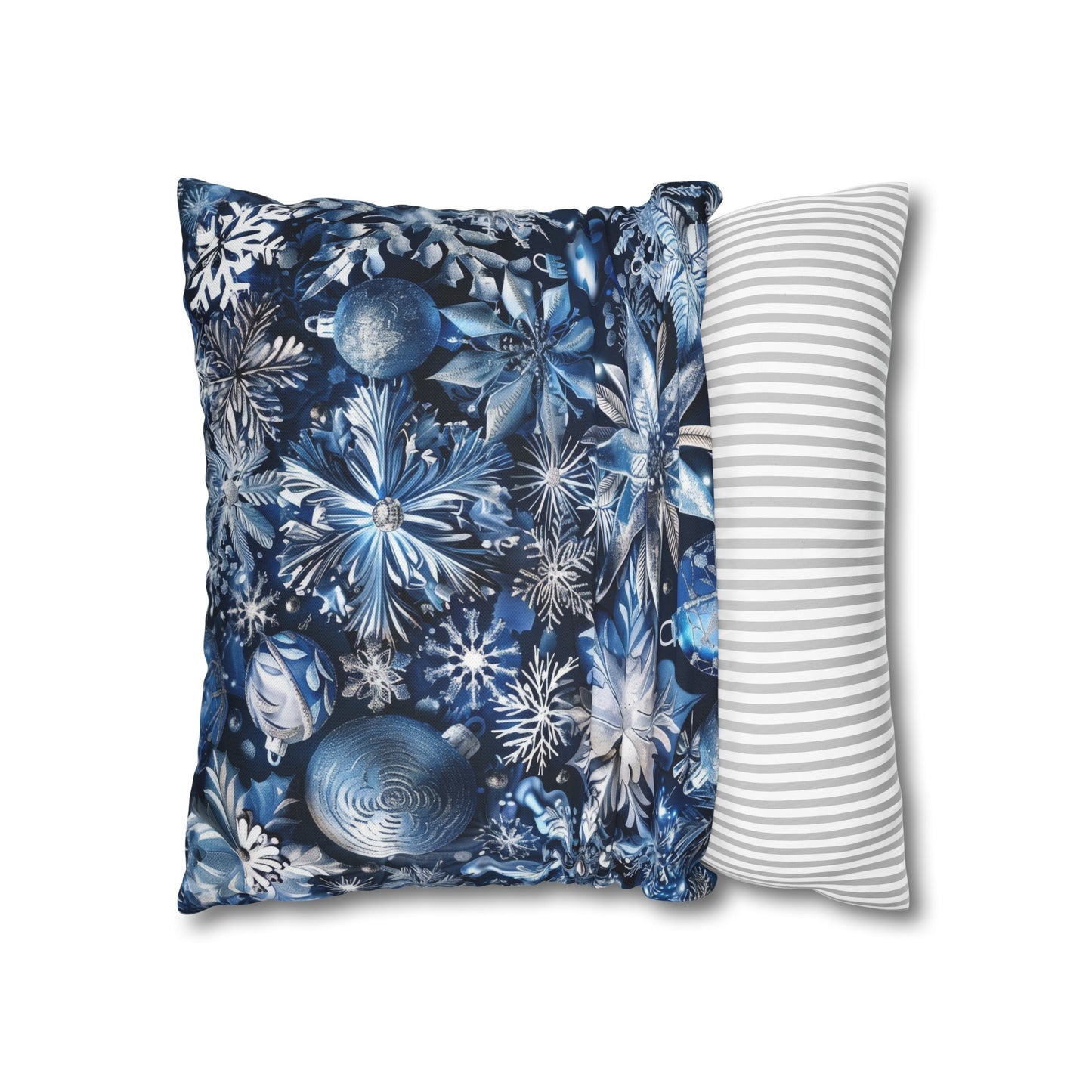 Winter Wonderland Festive Blue and Silver Snowflakes and Ornaments Spun Polyester Square Pillowcase 4 Sizes