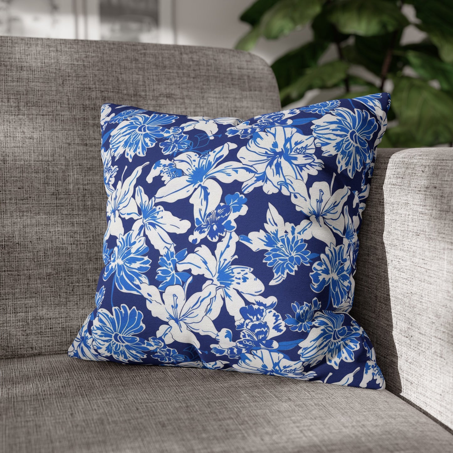 Oceanic Bloom: Watercolor Tropical Flowers in White and Blue against a Deep Blue Background Spun Polyester Square Pillowcase 4 Sizes