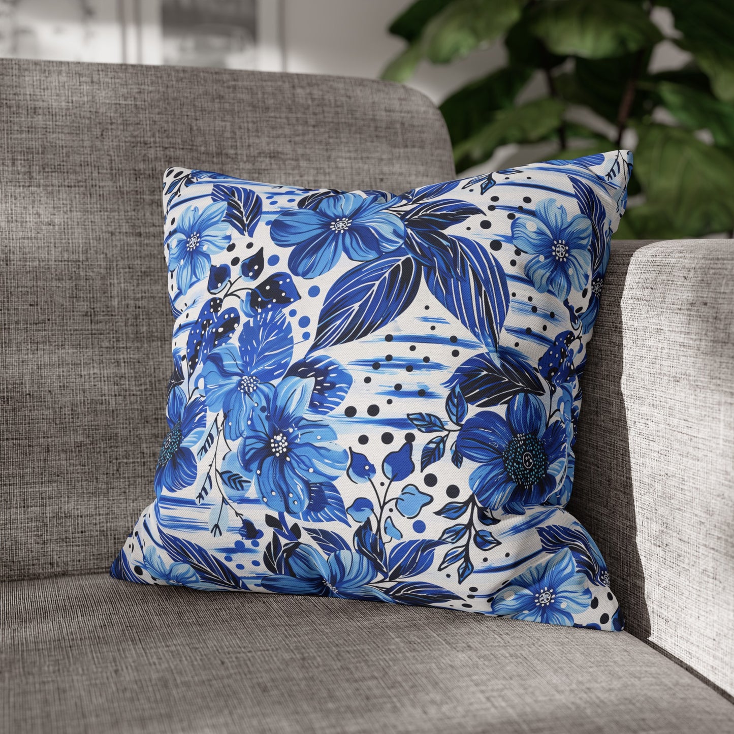 Floral Symphony in Shades of Blue, Harmonized with Abstract Lines Spun Polyester Square Pillowcase 4 Sizes