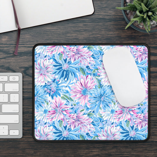 Pastel Blossom Symphony: Spring Flowers in Soft Pink and Blue Hues Gaming Mouse Pad with Finished Edges