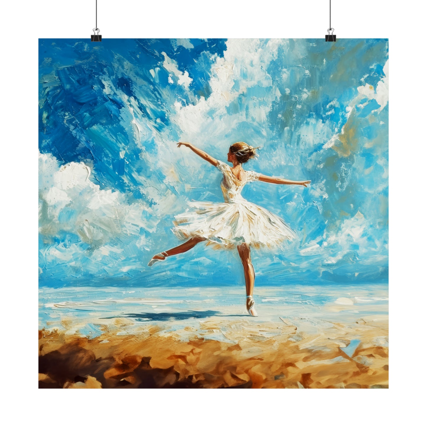 Coastal Elegance: Ballerina Dancing in White Amidst Beach Sunlight Print on Matte Poster - 7 Sizes