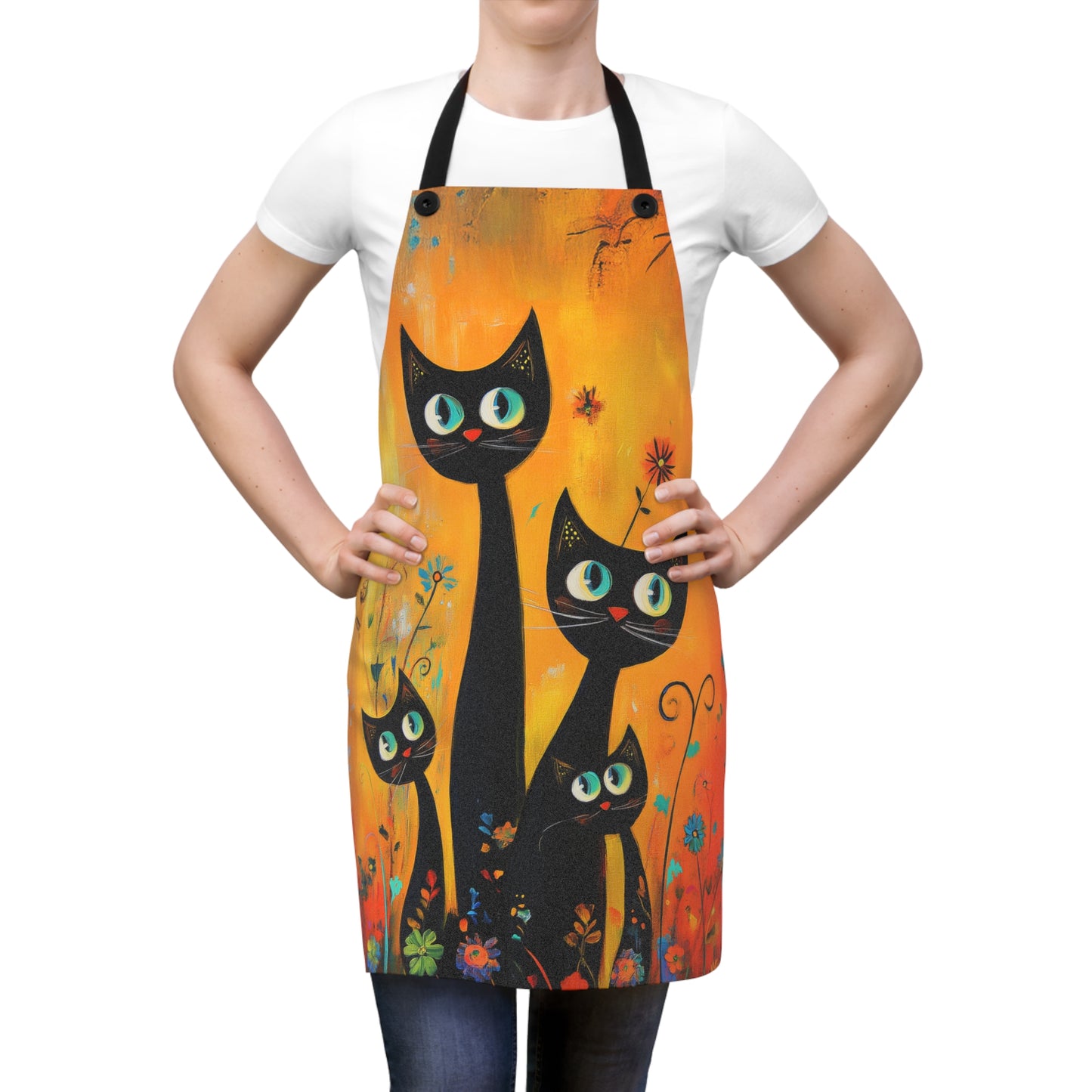 Playful Black Cats in a Vibrant Flower Garden Kitchen Chef Apron