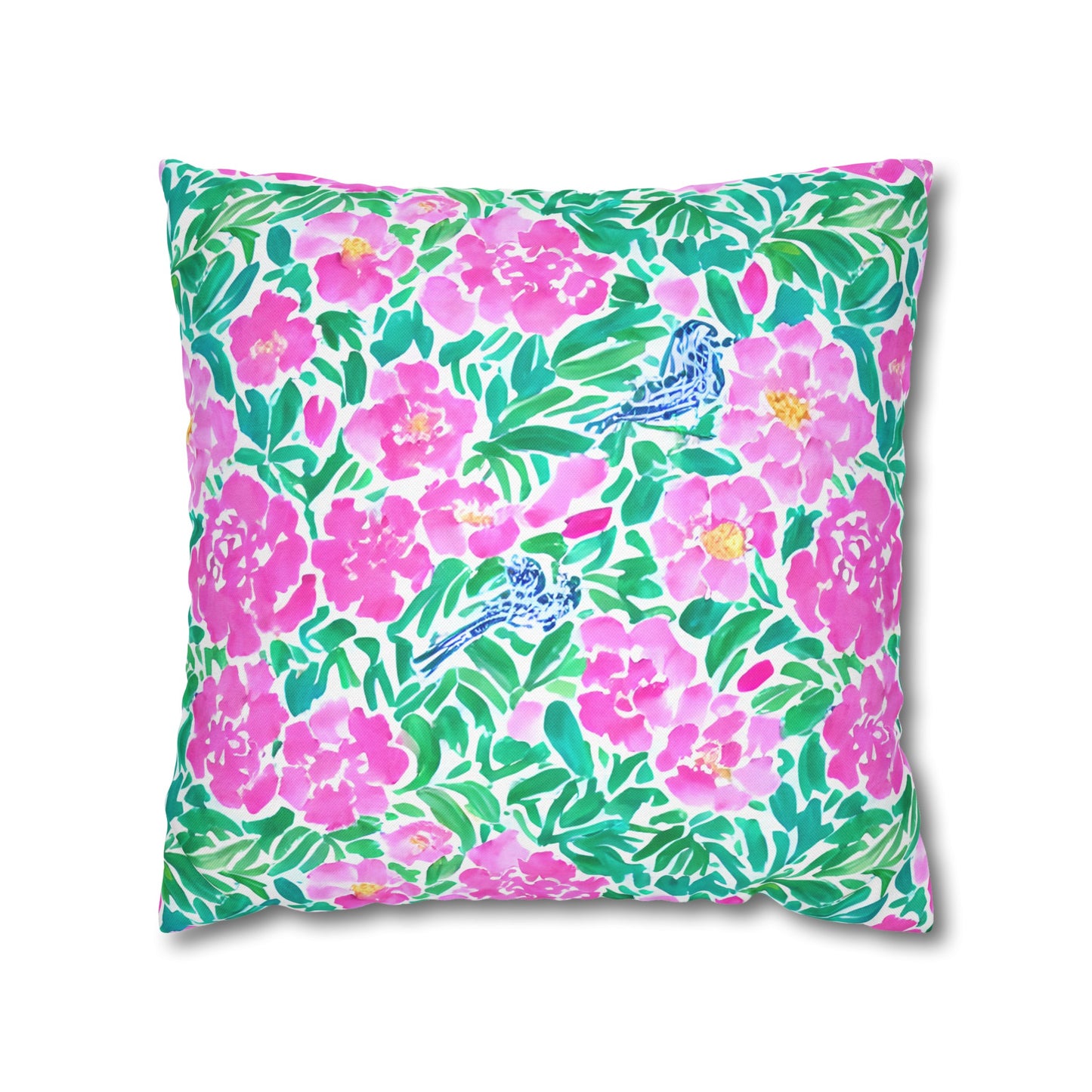 Springtime Whispers: Tiny Birds and Pink Blooms, Subtle Blue Accents, and Lush Green Leaves Spun Polyester Square Pillowcase 4 Sizes