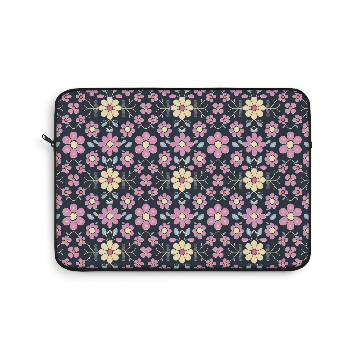 Charming Pastel Pink and Yellow Flowers on Navy Blue Background Laptop or Ipad Protective Sleeve 3 Sizes Available