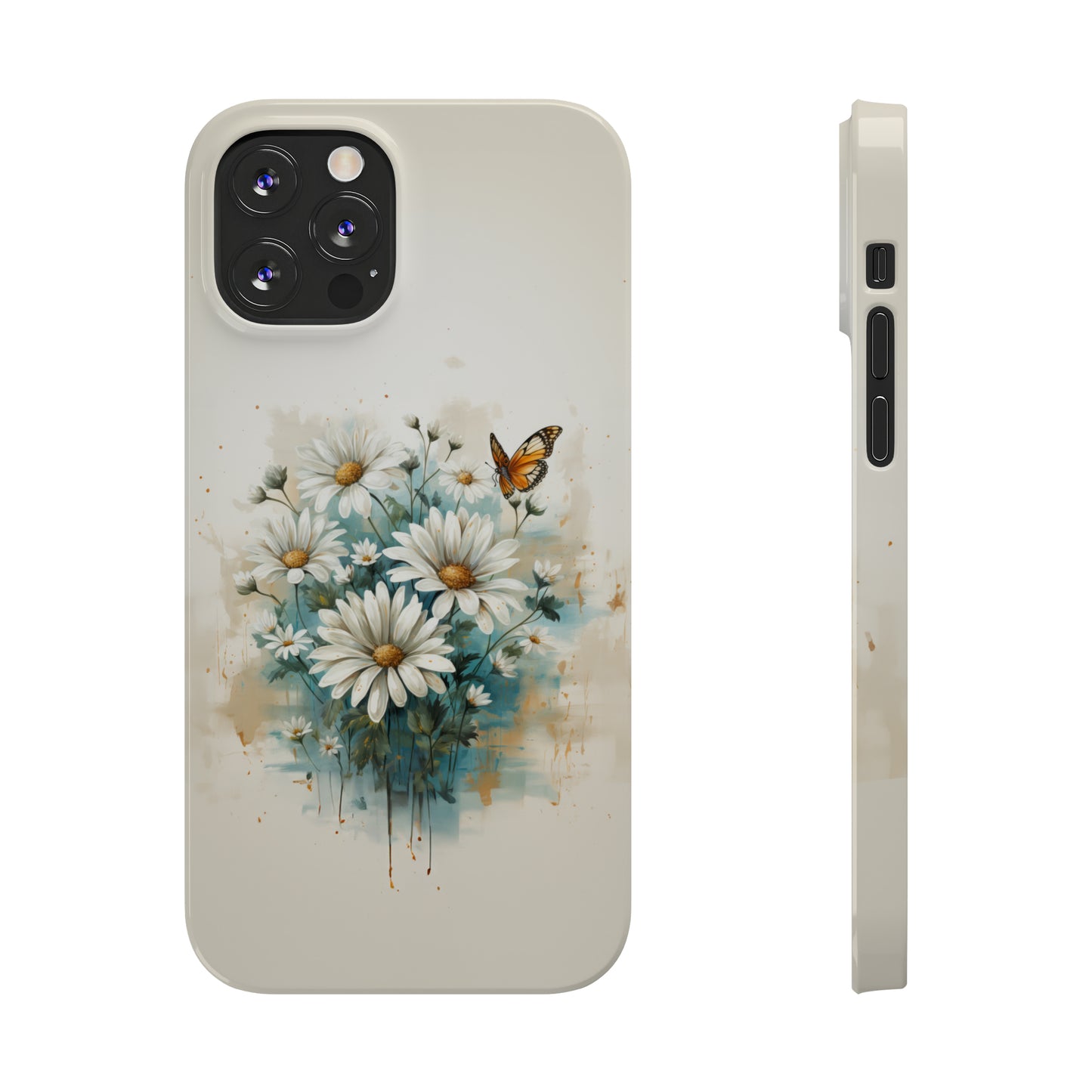 Rustic Farmhouse Teal and White Wild Daisies and Butterflies Iphone 15-12 Slim Phone Case