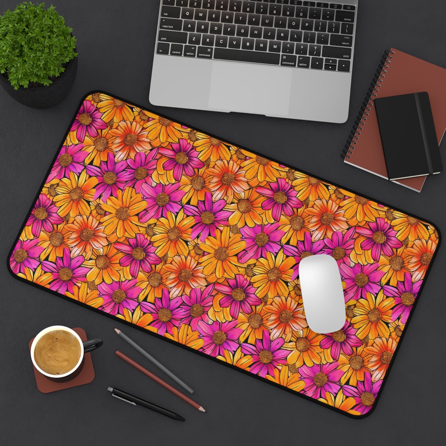 Vibrant Daisy Delight with Bold Orange and Pink Flowers Extended Gaming Mouse Pad  Desk Mat  - 3 Sizes