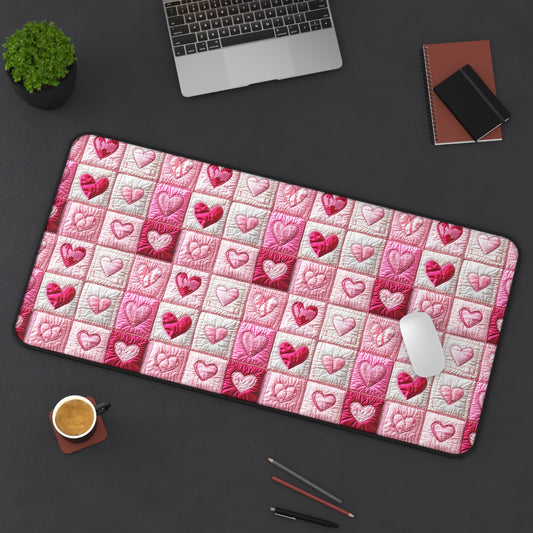 Sweetheart Patchwork Embroidered Quilt Panel Print Deskmat ,  Desk Decoration,  Large Mousepad, Gaming Desk Mat, Desktop Accessory