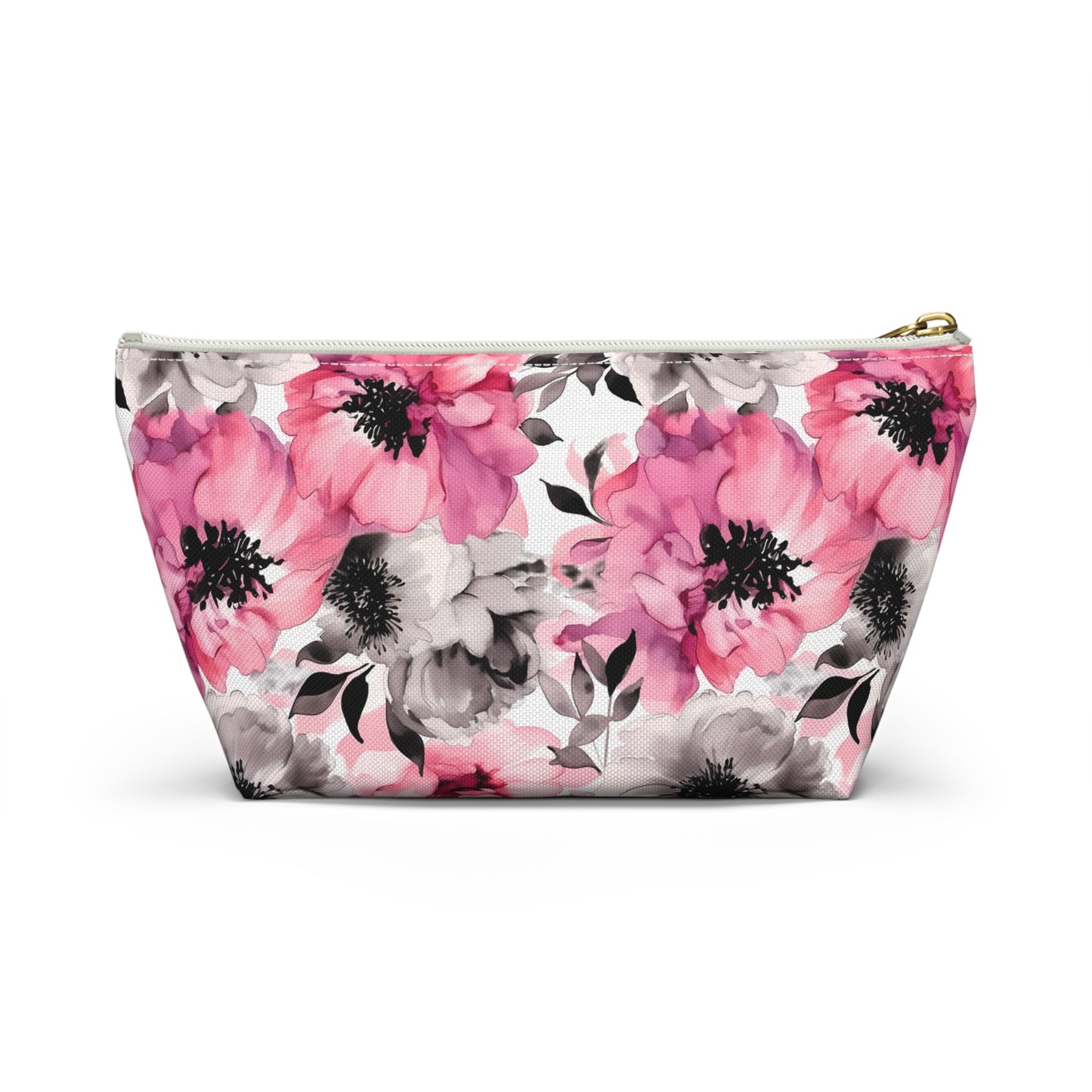 Graceful Elegance: Large Pink and Grey Watercolor Flower Design - Makeup & Accessory Bag 2 Sizes