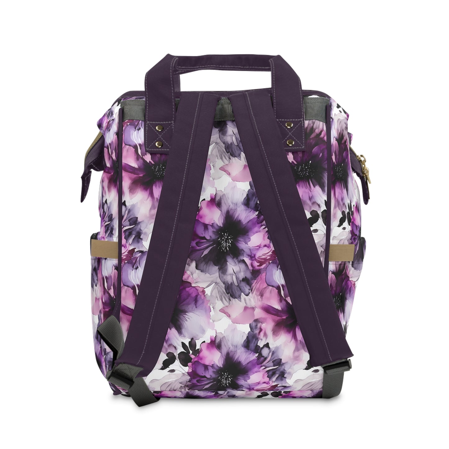 Regal Splendor: Large Purple and Grey Watercolor Flower Design Multifunctional Diaper Backpack