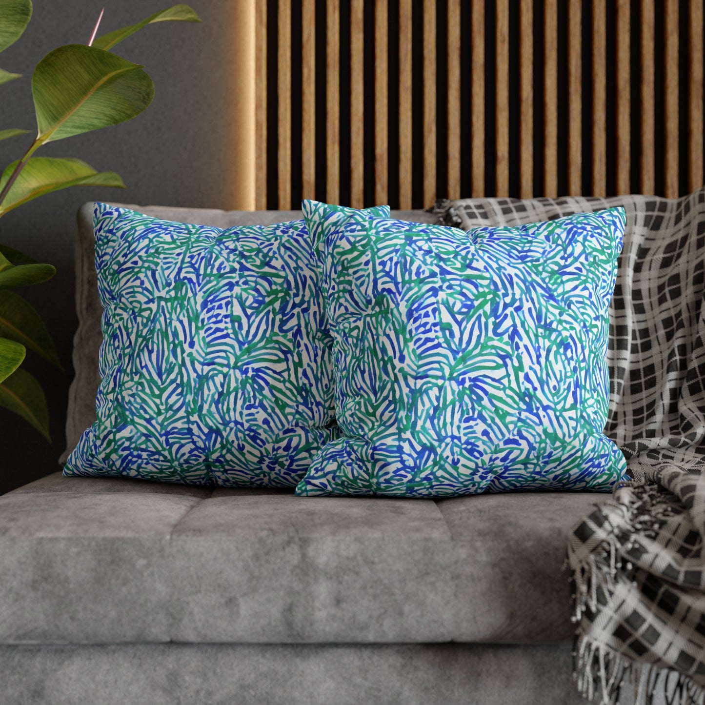 Tropical Fusion: Abstract Palm Leaves in Lime Green and Blue Hues  Spun Polyester Square Pillowcase 4 Sizes