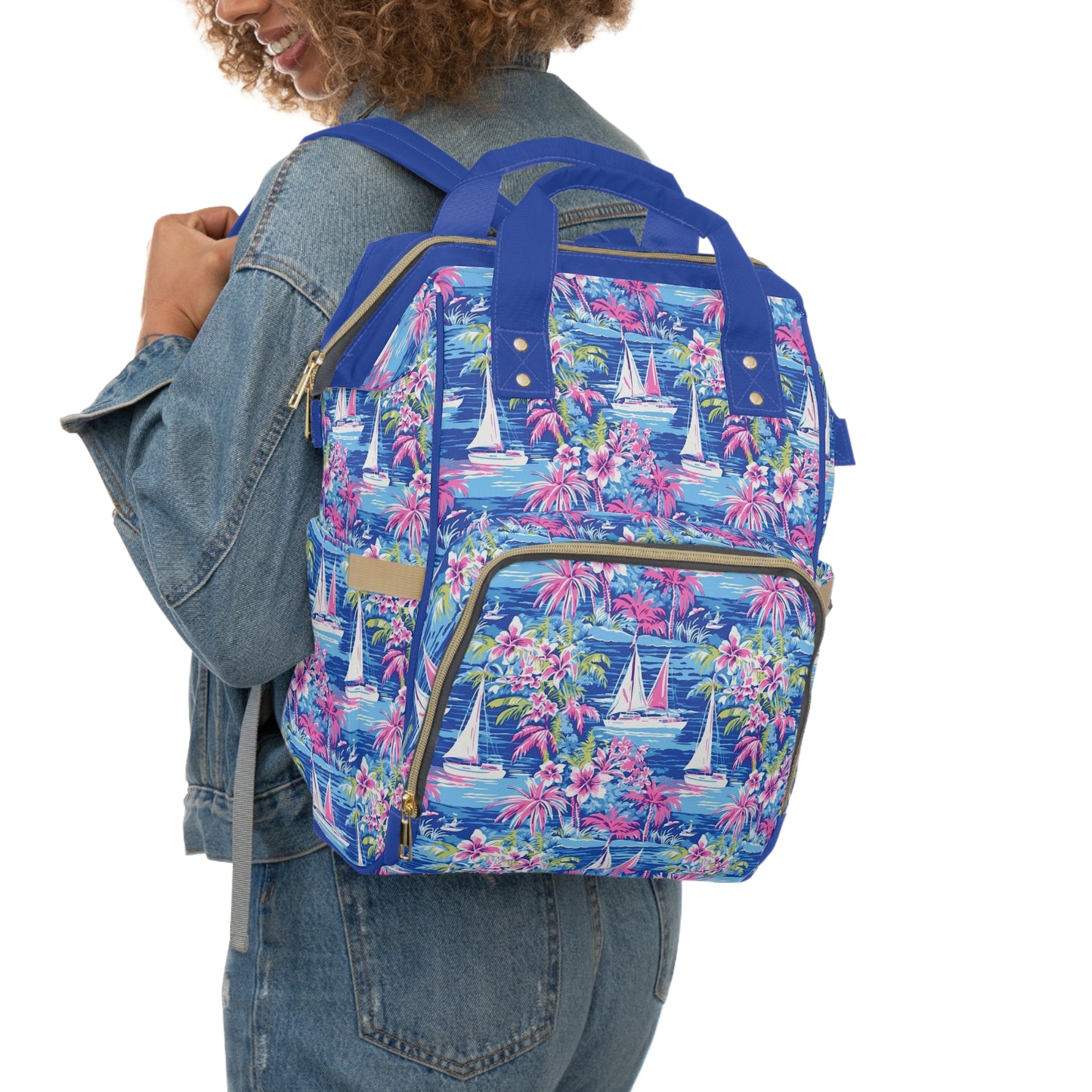 Sailing Tropics: Watercolor Sailboats Amidst Ocean Waves, Tropical Flowers, and Palm Trees Multifunctional Diaper Backpack