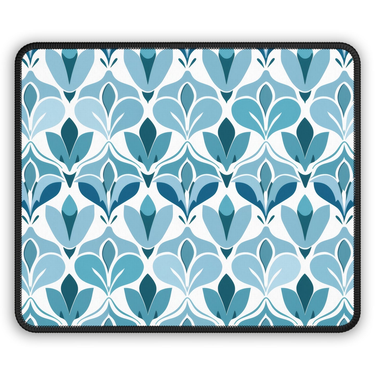 Elegant Floral Pattern in Shades of Aqua and Teal, Forming Graceful Botanical Motifs Gaming Mouse Pad with Finished Edges