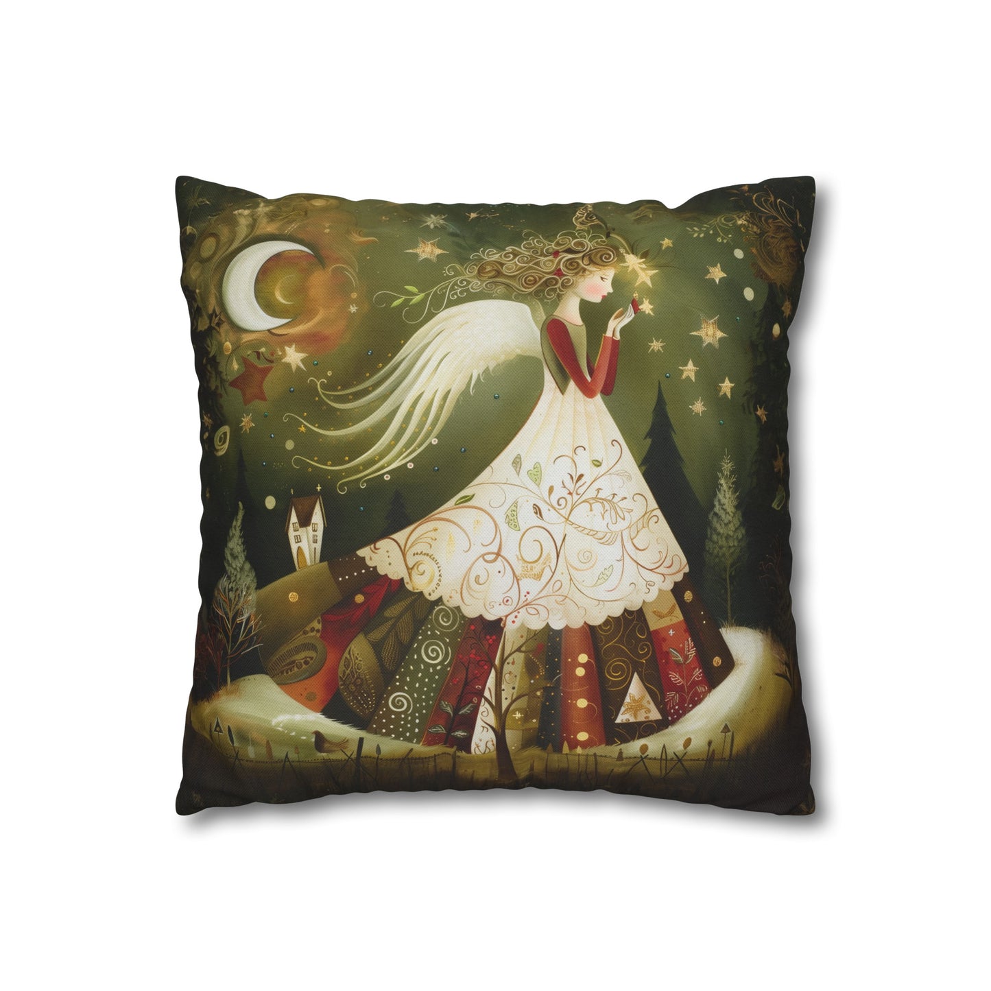 Christmas Angel in Tapestry Dress Amidst a Starlit Forest Spun Polyester Square Pillowcase 4 Sizes