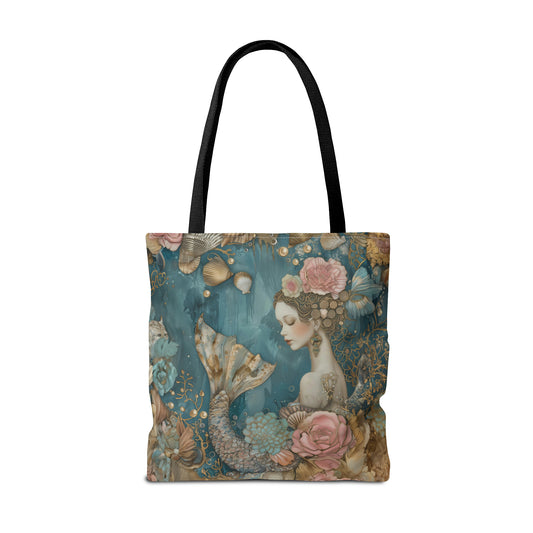 Vintage Mystical Mermaid Siren with Flowers Seashells and Pearls Canvas Tote Bag - 3 Sizes