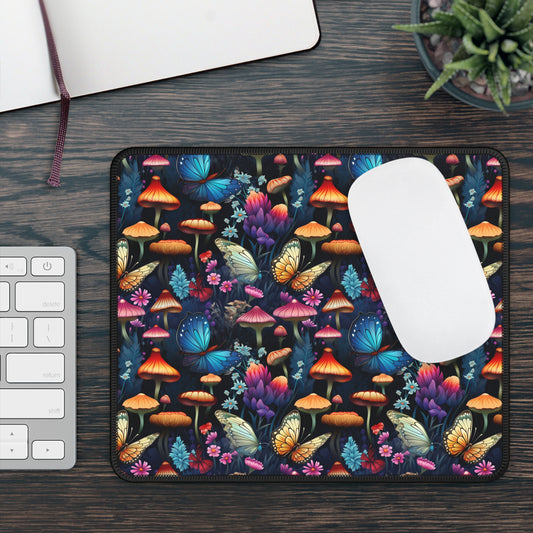 Mystical Butterflies and Mushroom Nighttime Garden Gaming Mouse Pad with Finished Edges