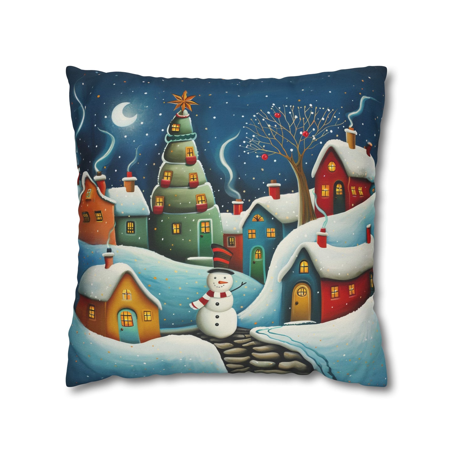 Starry Snowman Serenade: Village under a Starry Night Sky Spun Polyester Square Pillowcase 4 Sizes