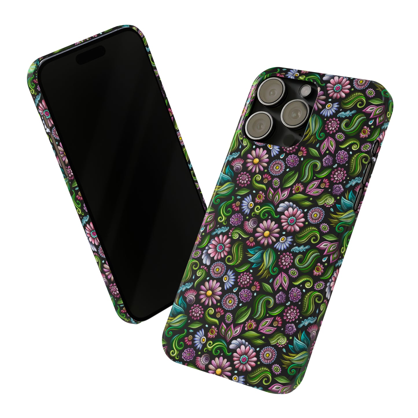 Purple & Pink Daisy Floral Print on Black Background Iphone 15-12 Slim Phone Case