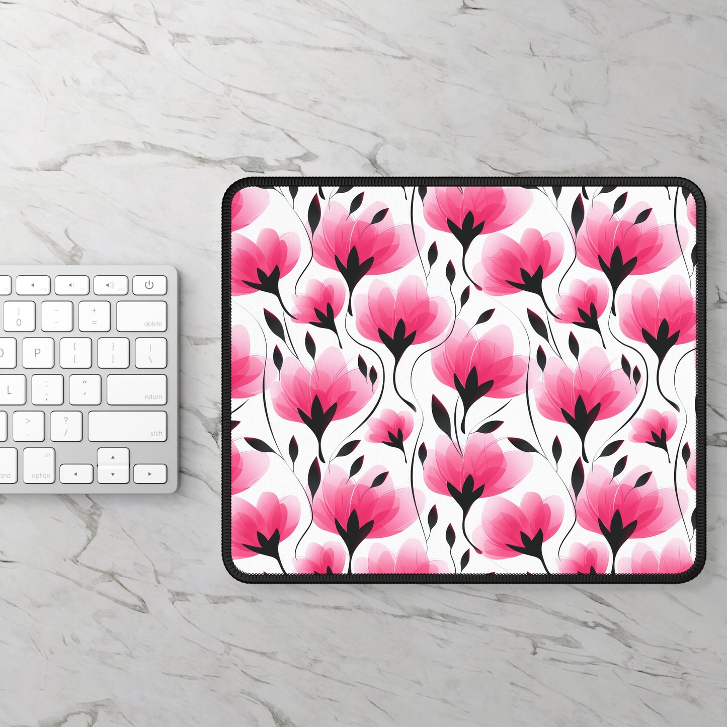 Elegant Modern Pink and Black Floral Blooms Gaming Mouse Pad with Finished Edges