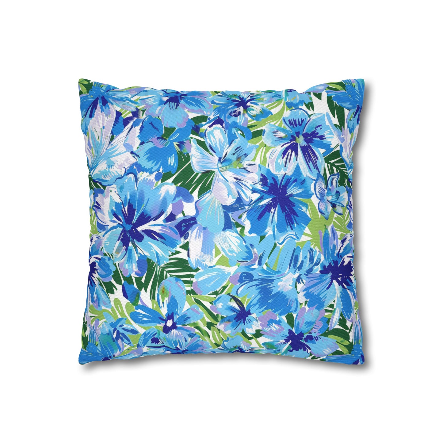 Azure Bloom Oasis: Bright Blue Large Flowers with Lush Green Palm Leaves Spun Polyester Square Pillowcase 4 Sizes