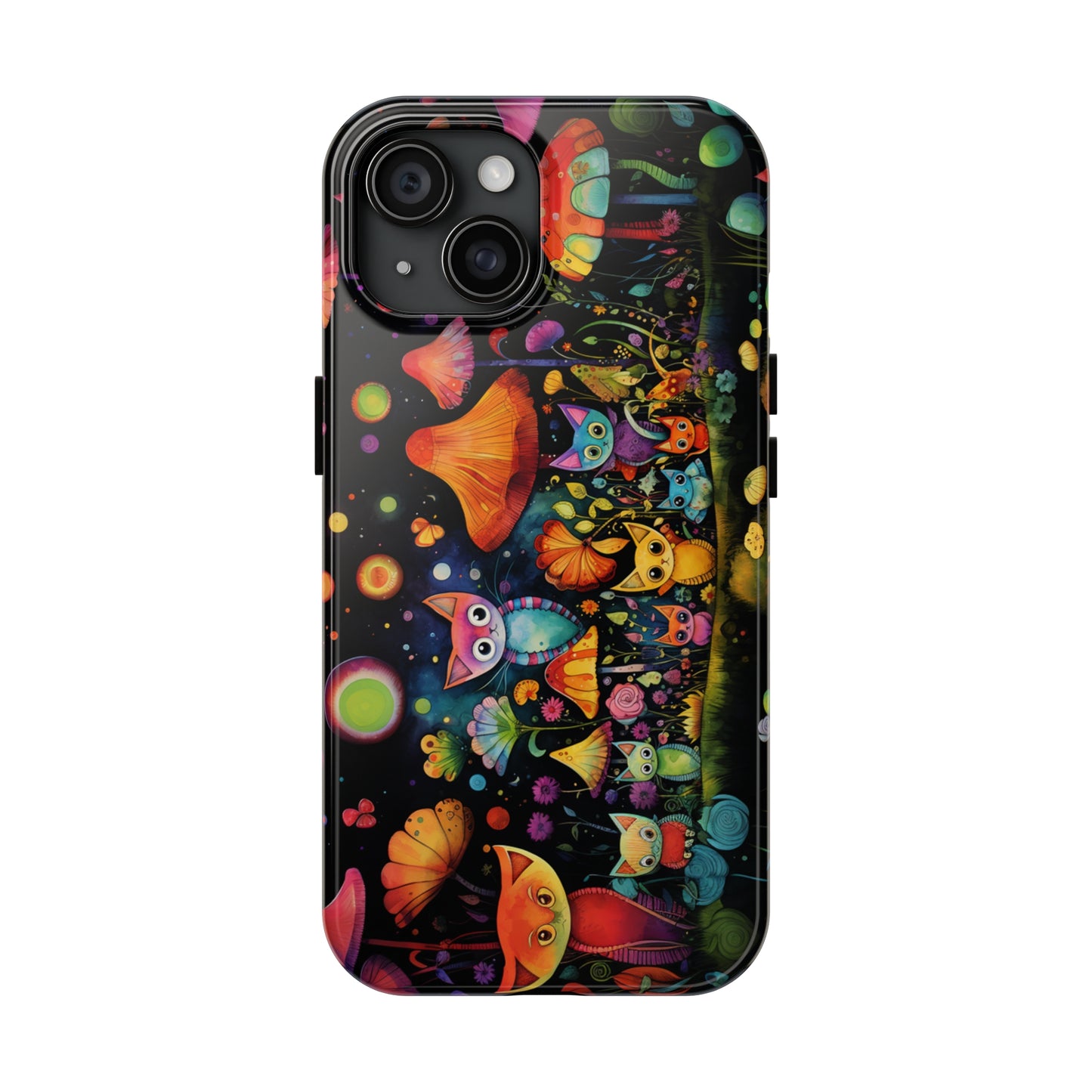 Mystical Cats Amidst a Garden of Flowers and Mushrooms, Beneath a Starry Sky Iphone Tough Phone Case