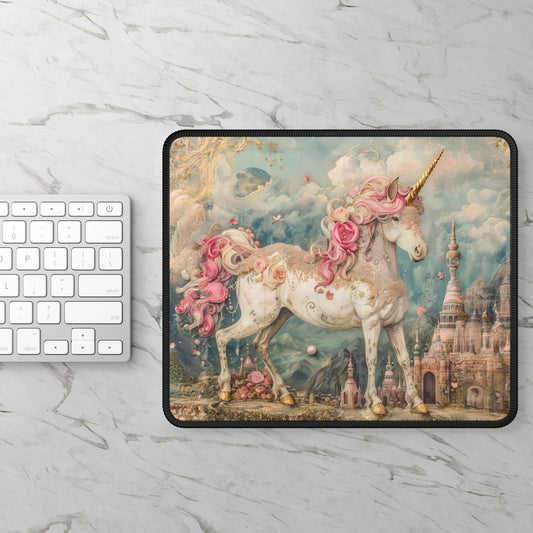 Whimsical Majestic Unicorn in an Enchanted Unicorn Kingdom Gaming Mouse Pad with Finished Edges