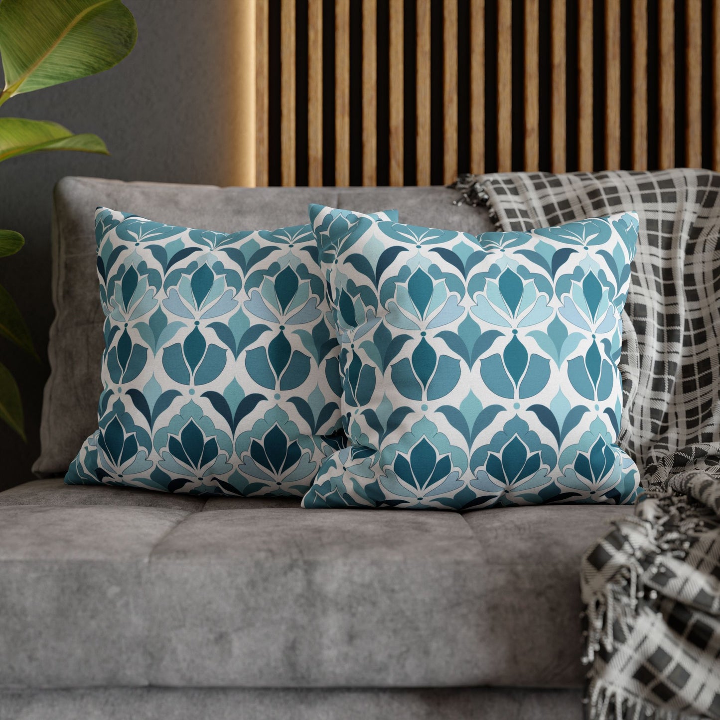 Serene Floral Pattern in Shades of Aqua and Teal, Forming Graceful Botanical Motifs Spun Polyester Square Pillowcase 4 Sizes