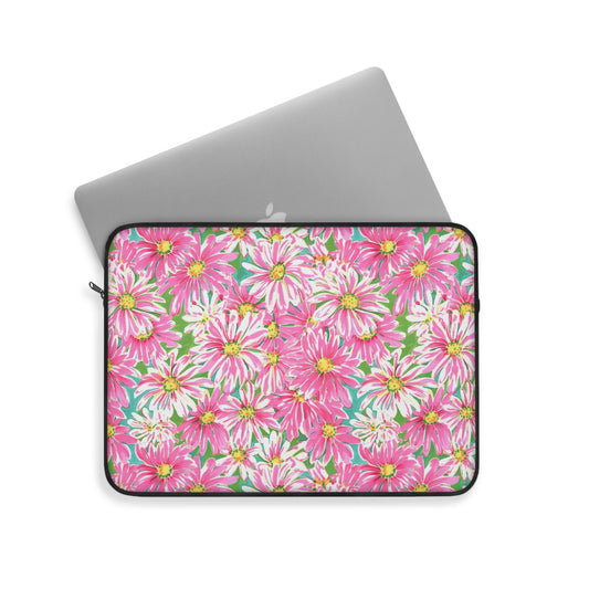 Springs Whisper: Watercolor Pink Daisies Dancing on a Lush Green Stage Laptop or Ipad Protective Sleeve Three Sizes Available